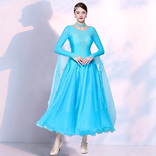 Gesellschaftstanz Kleid Spleißen Kristalle / Strasssteine Tüll Damen Leistung Party Langarm Netzstoff Spandex Kunst-Seide Image