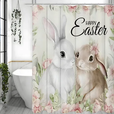 Easter Shower Curtain with Bunny Flowers, Pink Floral Spring Shower Curtain with Hooks, Waterproof Fabric Bathroom Curtains for