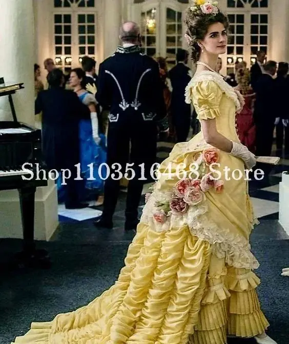 Elegantes Prinzessin-Victoria-Abschlussballkleid, Vintage-Stil, gelbes Korsett, Korsett, Spitzenapplikation, plissiert, maßgeschneidert, فسات Nadel Vaj Diego