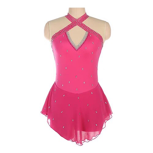 Eiskunstlaufkleid Damen Mädchen Eislaufen Kleid Rosenrot Patchwork Offener Rücken Netzstoff Spandex Dehnbar Training Übung Professionell Eiskunstlaufkleidung Thermowarm Kristall / Strass Langarm