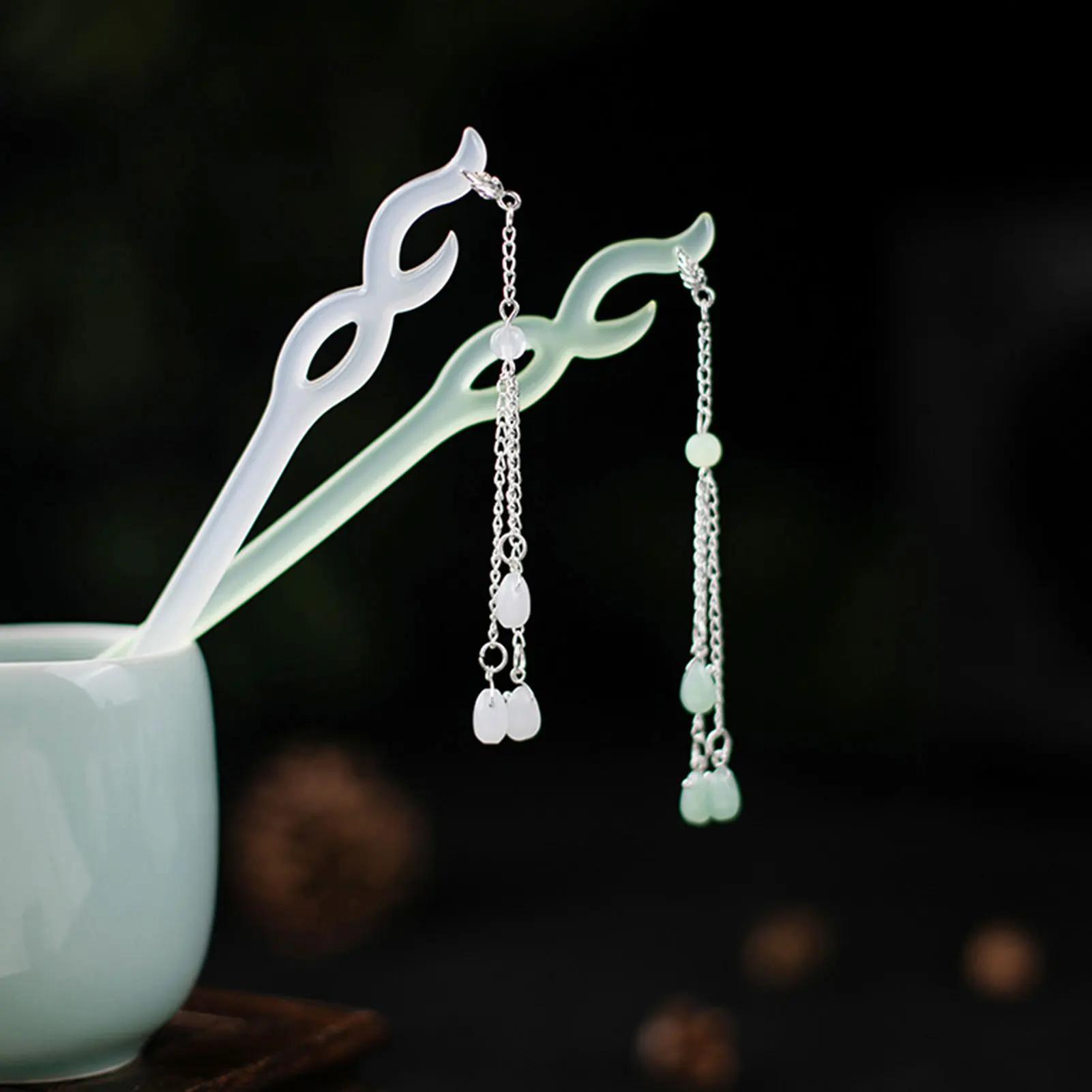 Grün/Weiß Essigsäure Haar Sticks Gabeln Retro Chinesischen Stil Haar Pin Perlen Quaste Haar Clip Frauen Mädchen Haar brötchen Maker Schmuck Image