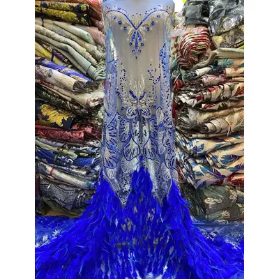 African Luxury 3D Feather Lace Fabric Beaded Lace 2023 High Quality Bule Nigeria Sequin Fabrics for