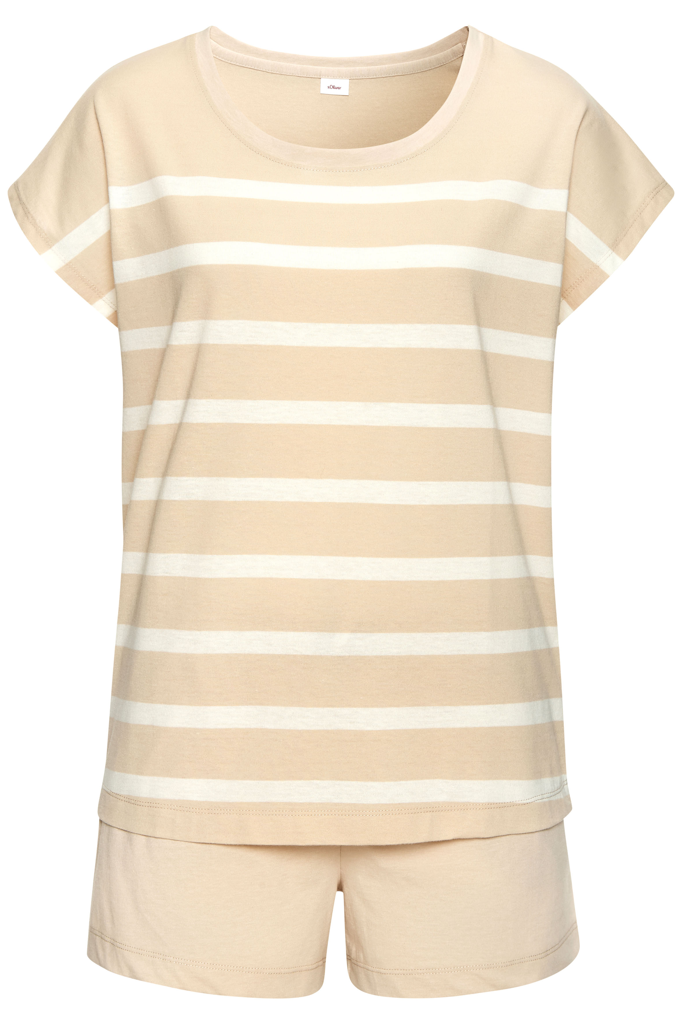 Shorty S.OLIVER, Damen, Gr. 44/46, beige (beige, weiß, gestreift), Single Jersey, Obermaterial: 60% Baumwolle, 40% Polyester, gestreift, unifarben, loose fit kurz, Rundhals, angeschnitten, Homewear-Sets Shorty, mit garngefärbten Streifen im Oberteil