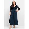 Abendkleid SHEEGO "Große Größen", Damen, Gr. 50, Normalgrößen, blau (nachtblau), Obermaterial: 95% Polyester, 5% Elasthan;Spitze: 100% Polyamid, unifarben, elegant, figurumspielend lang, V-Ausschnitt, 3/4-Ärmel, Kleider, mit Oberteil aus floraler...