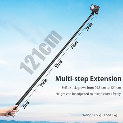 "TEMU 1pc Aluminum Alloy Selfie Stick For Action Cameras, 47"/35" Extendable, Invisible Extension Pole For Vlogging And Sports, Non-electric, No Battery Required" Image
