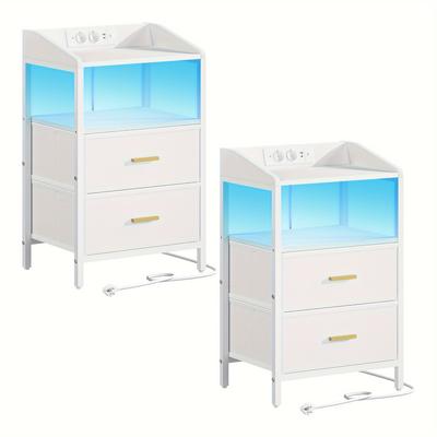 TEMU Set Of 2 Bedside Table With Led Lights And Charging Station, Side Table With 2 Canvas Fabric Drawers And Shelves, With Usb Ports & Sockets, For Bedroom, Living Room, Image