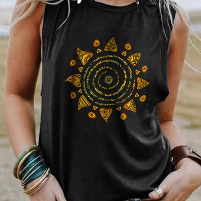 TEMU Women's Geometric Graphic Tank Top, Casual Sleeveless Crew Neck Vest, Polyester 60/spandex 5/rayon 35 , Stretch Knit Fabric, Regular - 180gsm Image