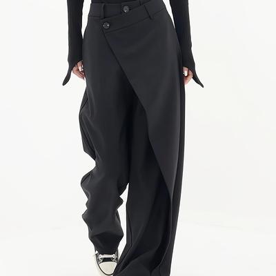 TEMU Elegant Women's Wide-leg Suit Pants - High Waist, Asymmetrical Hem, Solid Color, Polyester , Machine Washable - Spring/summer/fall Image