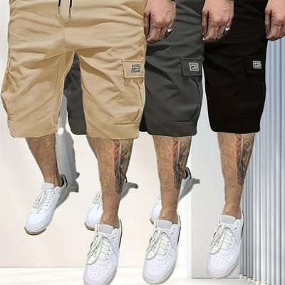 TEMU Three-pack Men's Cargo Shorts With Multiple Pockets, Summer Casual Waist With Drawstring Cargo Shorts, Suitable For Casual And Fitness Image