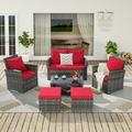 6 Pieces Outdoor Patio Furniture Set Wicker Sectional Sofa Set with Ottomans and Glass Coffee Table Waterproof Patio Conversation Sets with Cushions for Garden Porch Red