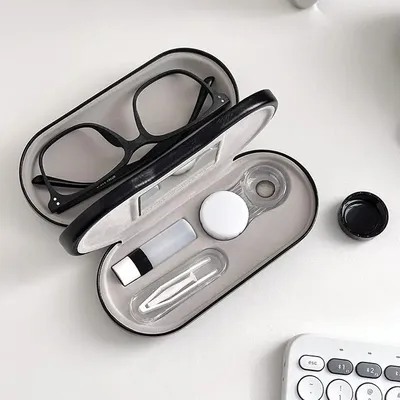 Contact Lens Case and Glasses Case 2 in 1 Double Eyeglass Case with Mirror Tweezers Remover Contact Lens Storage Box for Travel