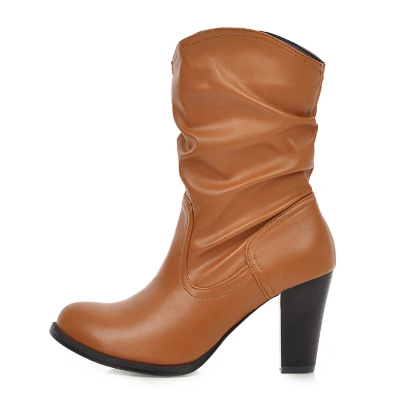 Plissierte mittelhohe Stiefel für Damenschuhe, Blockabsatz, kurzer Stiefel, lässig, Damen-Herbst-Winter-Schuh, braun, grau, schwarz, große Größe 48