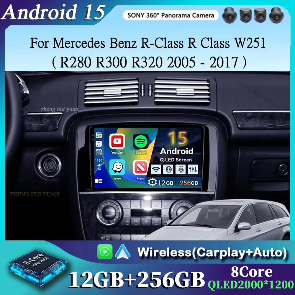 GPS 4G Android 15 CarPlay Für Mercedes Benz R-Klasse R Klasse W251 R280 R300 R320 2005 - 2017 2K 12 + 256 Auto Radio Multimedia Video Image
