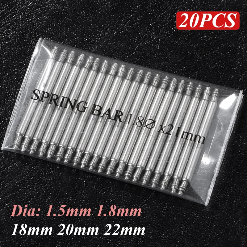 20 Stück Uhrenarmband-Federstifte, 1,5 mm, 1,8 mm Dicke, Metall-Federstege, 18 mm, 20 mm, 22 mm, Verbindungsstifte, Uhren-Reparatur-Werkzeug, Verbindungsstangen Image