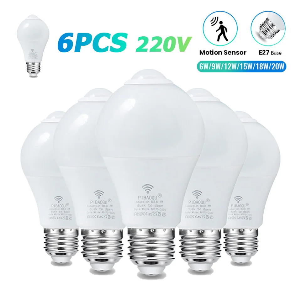 6 stücke Led-lampen Radar Motion Sensor Licht 220 V E27 Led-lampe Auto EIN/AUS Arbeiten in Nacht strahlung Bewegungsmelder Sicherheit Licht
