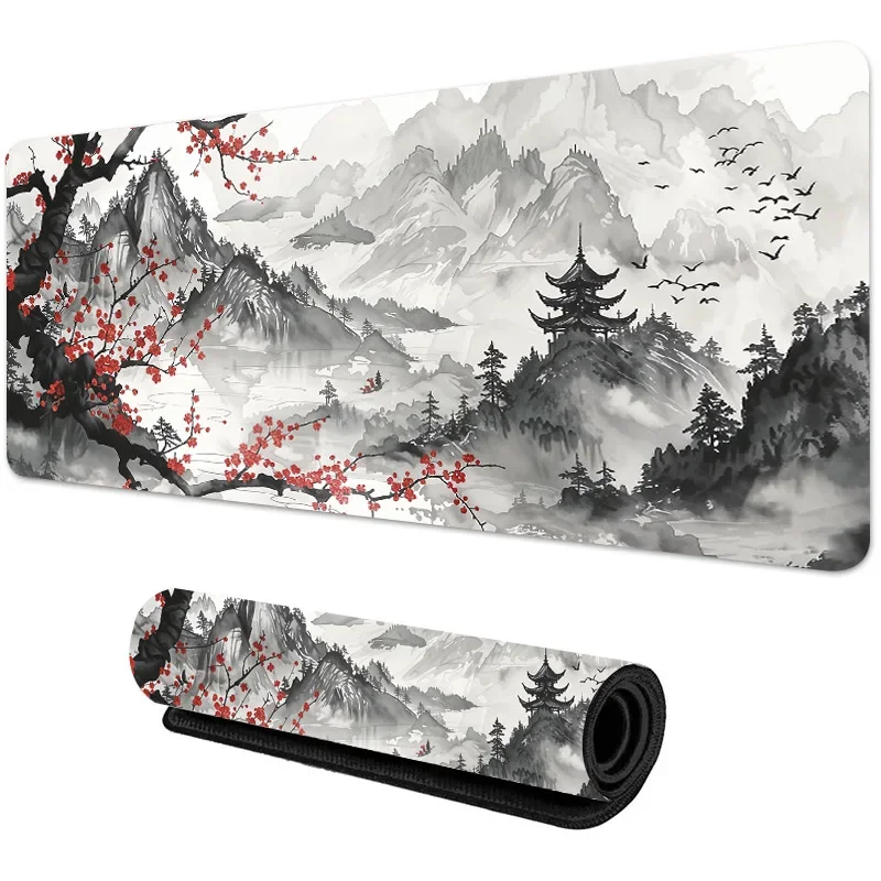 Sakura Scenery Ink Mauspad, rutschfester Gummi-Gaming-Teppich, klein, 25 x 29 cm bis groß, 100 x 50 cm, Schreibtischunterlage, dicke Nahtkante für Büro Image