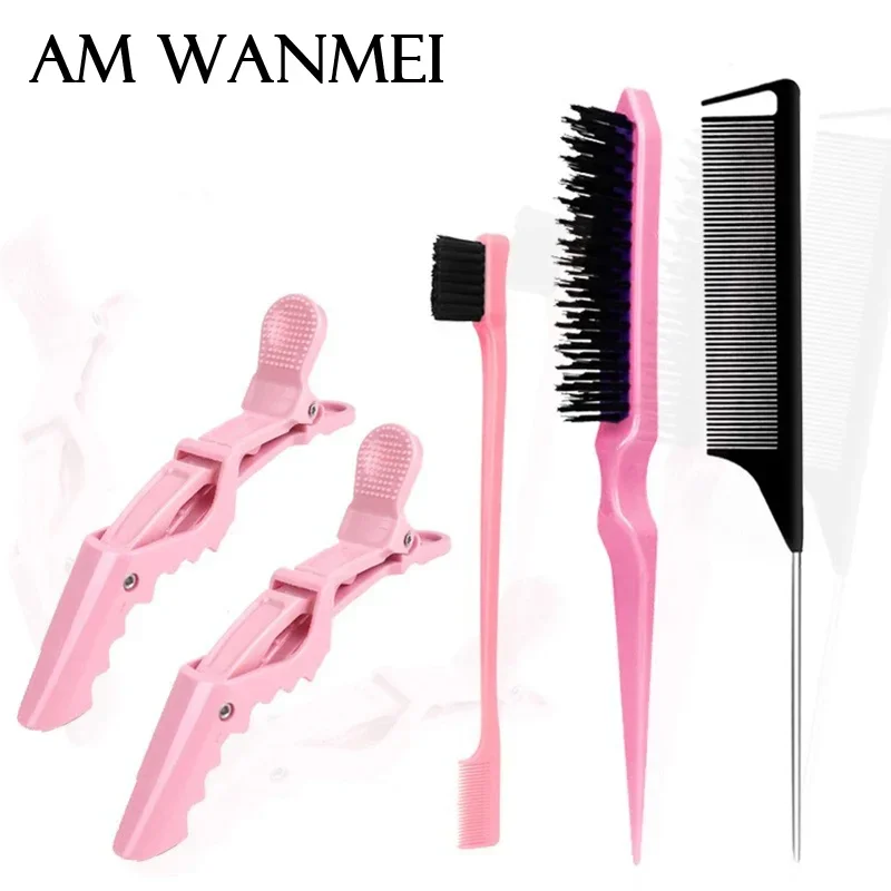 5 teile/satz Schönheit-gesundheit Set Nylon Necken Pinsel Ratte Schwanz Kamm Doppel Seite Rand Pinsel Alligator Haar Clips salon Styling Werkzeuge Image