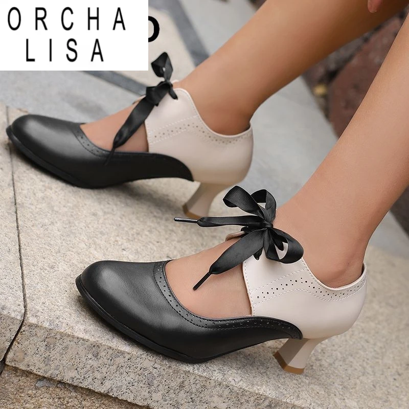 ORCHA LISA Modische Damen-Pumps, runde Zehen, seltsame High Heels, Schnürung, gemischte Farben, große Größe, 46 47 48, süßer täglicher weicher Damenschuh