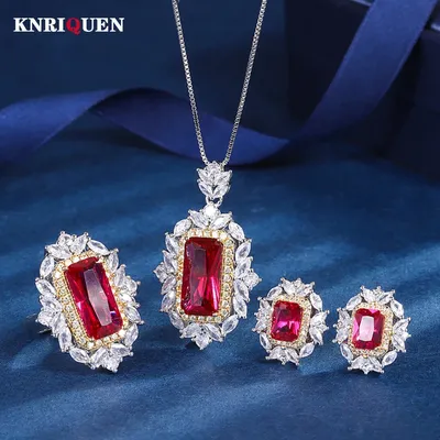 Vintage 8*16mm Ruby Lab Diamond Necklace Pendant Ring Earrings Luxury Wedding Party Fine Jewelry Sets for Women Anniversary Gift