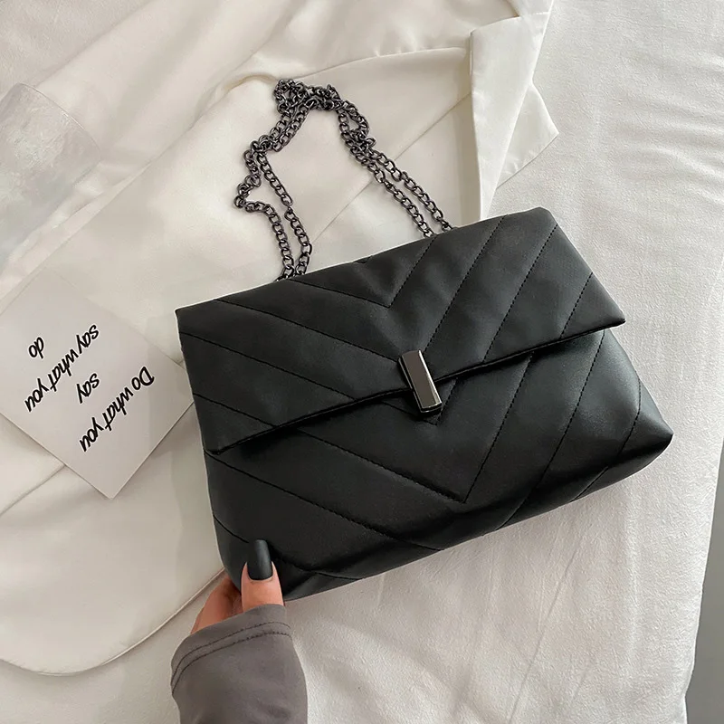 Sacs à bandoulière à sangle en chaîne pour femmes, sac à bandoulière décontracté en fil à coudre avec serrure, sacs à main et bourses pour dames