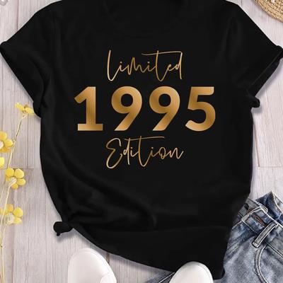 TEMU 1995 Edition Women's Casual Short Sleeve T-shirt - Black With Lettering & Number Print, Round Neck, Fit, Machine Washable, Top, Versatile Clothing, Classic Round Neck, Durable Print Image