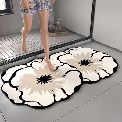 TEMU 1pc Of Floral-patterned Diatomite Bathroom Anti-slip Mat, Decorative Floor Mat, Super Absorbent And Quick-drying Shower Rug, Easy To Clean, Strong , Non-slip Pad Image