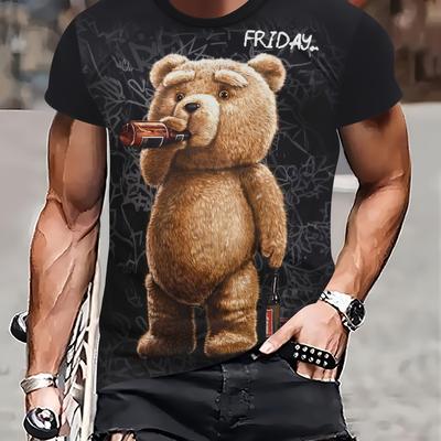 TEMU Men's Funny Cartoon Bear Print T-shirt, 100% Polyester Knit Fabric, Casual Crew Neck Tee With Stretch, Regular Fit - Black Image