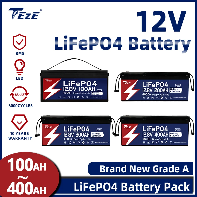 TezePower 12V 100Ah 200Ah 300Ah 400Ah LiFePO4-Akku mit aktivem Balancer und selbsterwärmender wiederaufladbarer Zelle, integriertem Daly BMS Image