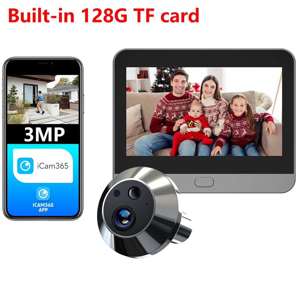 Integrierte 128G TF-Karte Smart 3MP Mini Digital Guckloch Tür Auge Kamera WiFi 940nm Infrarot IR PIR Bewegungserkennung Digital Viewer Image