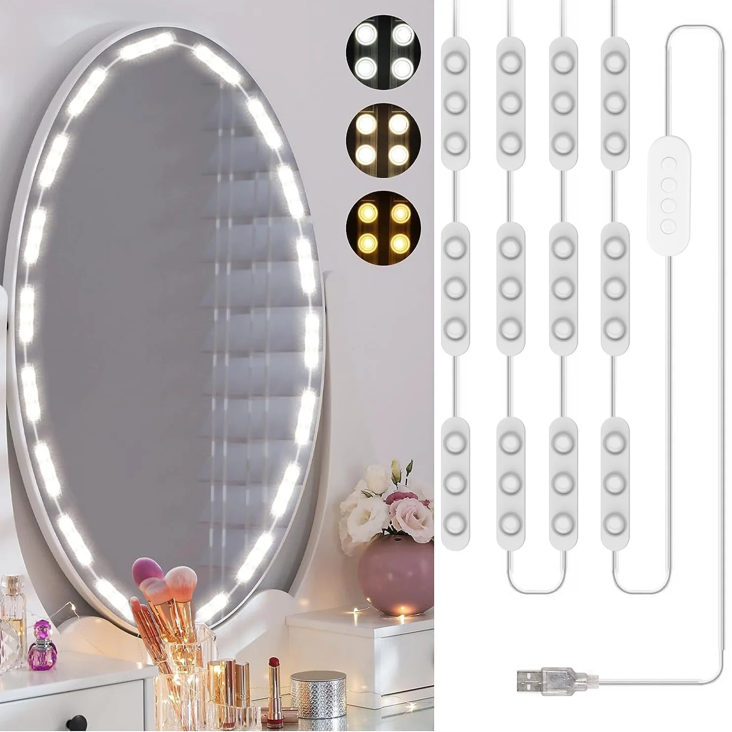 Make-up-Spiegel, LED-Glühbirnen, Kosmetikleuchten, USB, Badezimmer, Schminktisch, Beleuchtung, einstellbare Helligkeit und Farbtemperatur