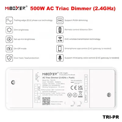 Miboxer TRI-PR AC100-240V 500W 2.4GHz RF+Push Tuya Smart Dimmer Switch for Traditional incandescent/halogen/ triac dimmable lamp