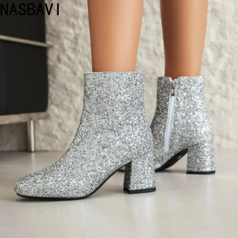 Luxuriöse Damen-Stiefeletten, Gold, Silber, Schwarz, kurzer Stiefel, Reißverschluss, Block, niedrige Absätze, Tanzparty, Winterschuhe, Dame, große Größe 45, Marke