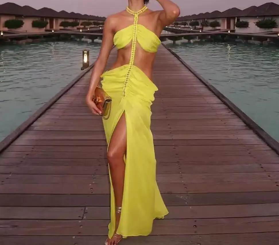 Neue Mode Sexy Unregelmäßige Niedrige Taille Schlitz Ärmellose Hängenden Hals Kette Chiffon Einfarbig Kleid Für Frauen Image