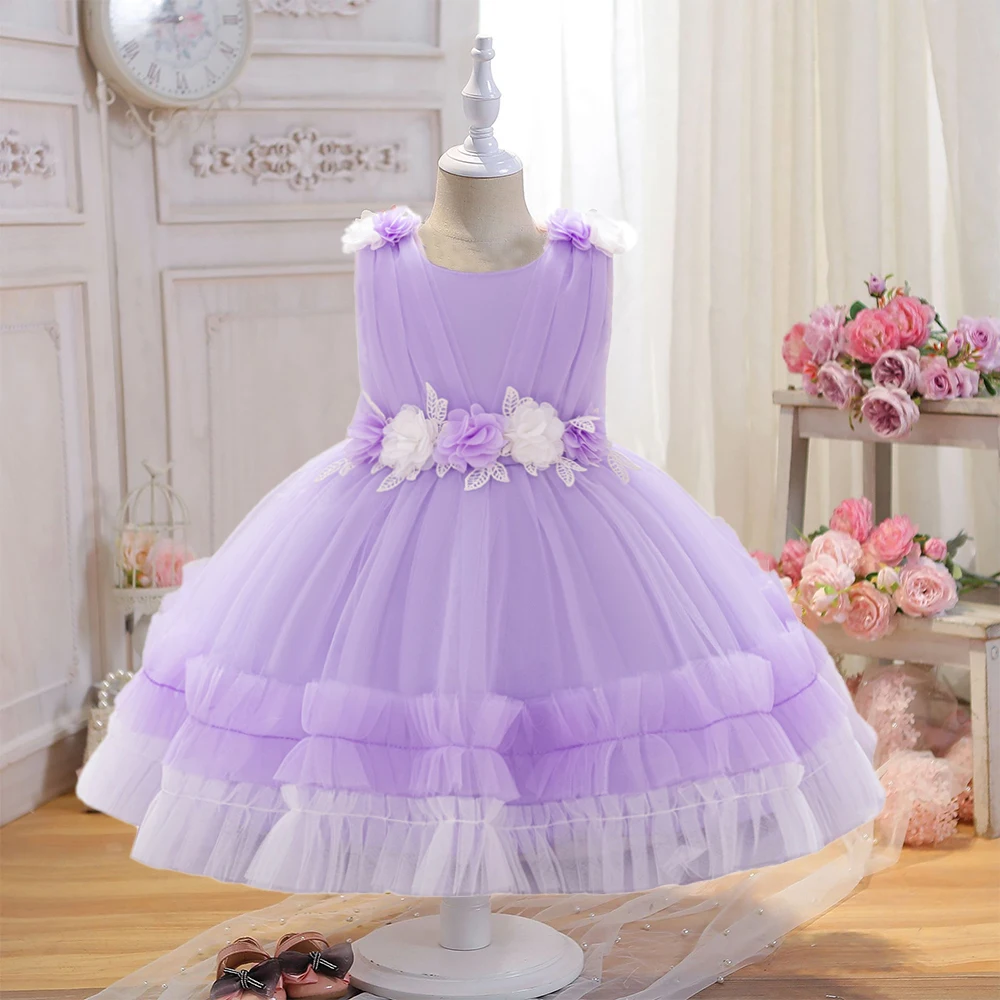Elegante Mädchen Blumen Spitze Hochzeit Geburtstags kleid Party Prinzessin Kleid für Baby Kleinkind Luxus lila Blume Sommerkleider Kleidung Image