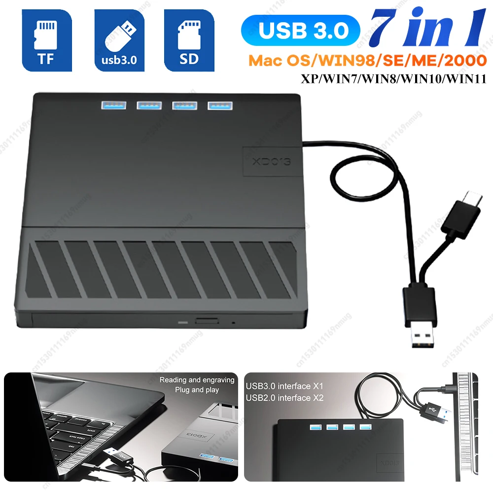 7-in-1 USB 3.0 Typ C DVD-Player Brennerleser mit SD/TF-Anschluss Multifunktionslaufwerk für Windows XP/7/8/10/11 Laptop Desktop Image