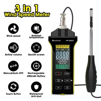 Digital Hot Wire Anemometer,HVAC Wind Speed Gauge Measure Air Velocity 0.1-30 m/s CFM/CMM Wind Flow 0-999900 ft3/minTemperature