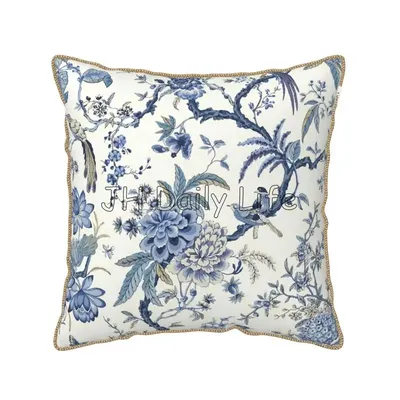 Chinoiserie-Kissenbezug aus weichem Samt, blau und weiß, für den Außenbereich, blaue Vögel, Blumen, Image