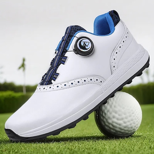 Moderne weiße Golfschuhe für Herren mit blauen Details, Schnürdesign, atmungsaktives Obermaterial, perfekt für professionelle Golfer Image