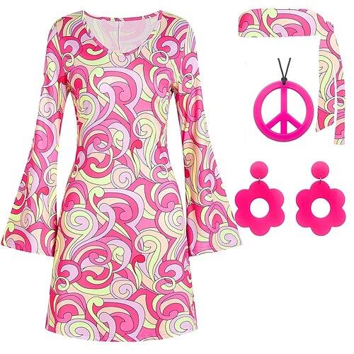 Retro Vintage 1960er 1970er Cosplay Kostüm Outfits Zubehörset Hippie Kostüm Damen Karneval Maskerade Leistung Party Pride Parade Erwachsene 1 Halskette Oberteil Ohrringe Image