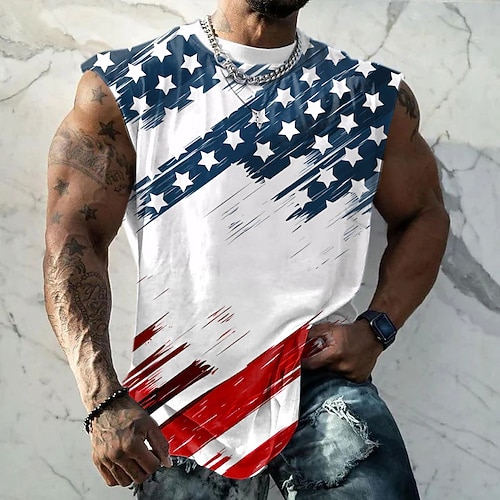 Herren Amerikanische US-Flagge Unterhemd Ärmellos T-Shirt 3D-Druck Rundhalsausschnitt Hemd Mode Straße Sport im Freien Lässig Weiß Sommer Frühling Bekleidung S M L XL XXL XXXL Image