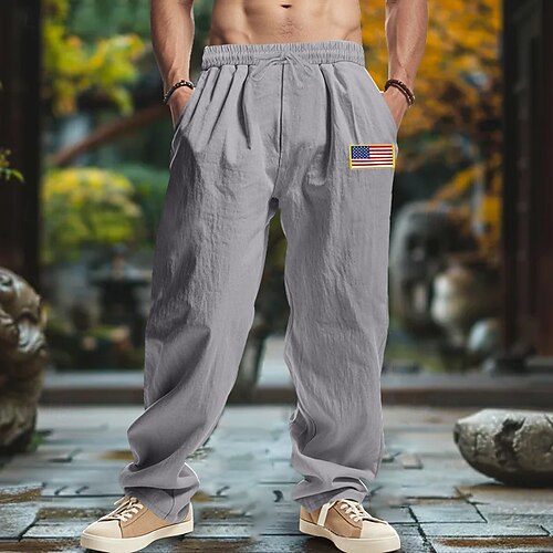 Herren Leinenhosen Hose Sommerhose Baggy-Hosen Strandhose Kordelzug Elastischer Bund Gerader Schnitt Einfach Komfort Atmungsaktiv Volle Länge Outdoor Lässig Täglich Mode Retro Vintage Schwarz Image