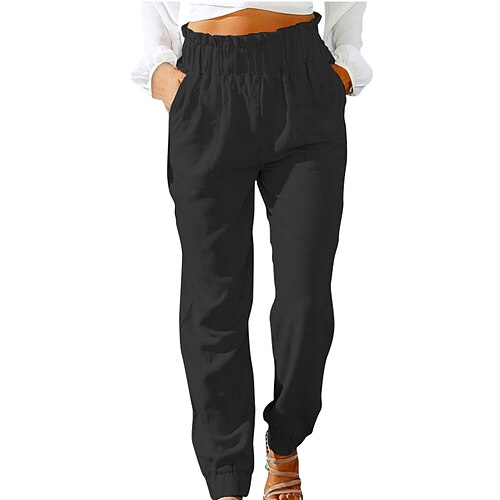 Damen Kunstbaumwollleinen Stoffhosen Streetwear Lässig Volle Länge Natürliche Taille Einfach Tasche Elastischer Bund Bequem Alltagskleidung Ausgehen Magenta Grau Schwarz Gelb Sommer Normale Passform Image