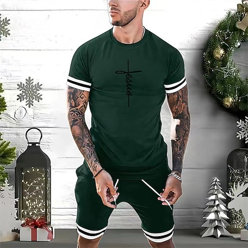 Herren Grafikdrucke 2St T-Shirts-Sets T-Shirt Anzüge Shorts und T-Shirt-Set Kurzarm Rundhalsausschnitt Mode Designer Lässig Straße Täglich Sport Druck Sommer Schwarz Weiß Marineblau Image