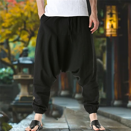 Herren Leinenhosen Hose Sommerhose Baggy Haremshose Tasche Kordelzug Elastischer Bund Einfach Komfort Atmungsaktiv Volle Länge Outdoor Yoga Fitnessstudio Mode Retro Vintage Schwarz Marineblau Image