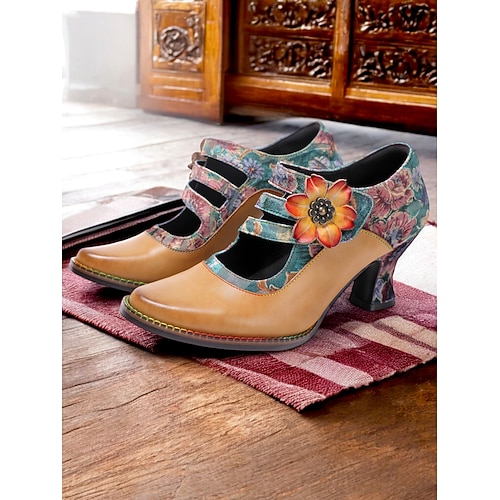 Damen-Mary-Jane-Pumps aus Leder im Vintage-Stil mit Blumenmuster – Retro-Schuhe mit klobigem Absatz und Blumenakzent für formelle Anlässe, das Büro und die Freizeit Image