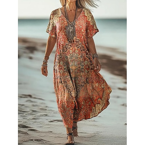 Damen Maxikleid Paisley-Kleid Freizeitkleid Langärmliges Boho-Kleid A Linie Kleid Bohemien Urlaub Vintage Urlaub Täglich Normale Passform Blumen Kurzarm V Ausschnitt Rosa Marineblau Blau Violett Image