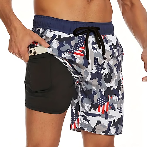 Amerikas 250. Jubiläum Herren Camouflage Amerikanische US-Flagge gefütterte Shorts 2 in 1 Board Shorts Badehosen Mittlere Taille Hawaiian Urlaub Ferien Strandkleidung Seitentaschen mit Image