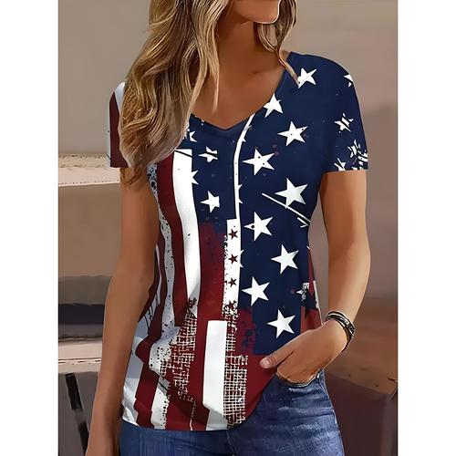 Women's Patriotic T Shirt Flag Flag National Flag Stylish Casual Red White And Blue Short Sleeve V Neck Regular Tops Daily Print Blue Summer Spring