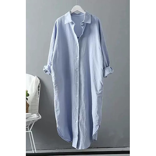 Damen Midikleid Hemdblusenkleid Baumwoll-Leinenkleid Mode Basic Klassisch Urlaub Ferien Ausgehen Normale Passform Einfach Langarm Hemdkragen Schwarz Weiß Hellgrün Rosa Sommer Image