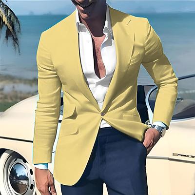Men's Graduation Blazer Business Cocktail Party Wedding Party Fashion Casual Spring Fall Polyester Linen Plain Pocket Buttons Comfortable Single Breasted One-button Blazer Light Pink Yellow Pink